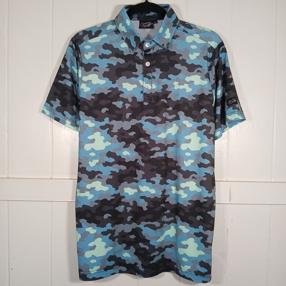 Sunday Swagger Mens‎ Blue Camo Golf Polo Shirt Size M Geometric Camouflage SS